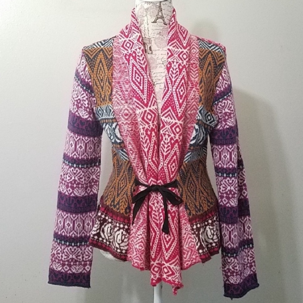 Sundance 🌈 Storyline Wool Fairisle Knit Peplum Open Tie Cardigan Sweater S